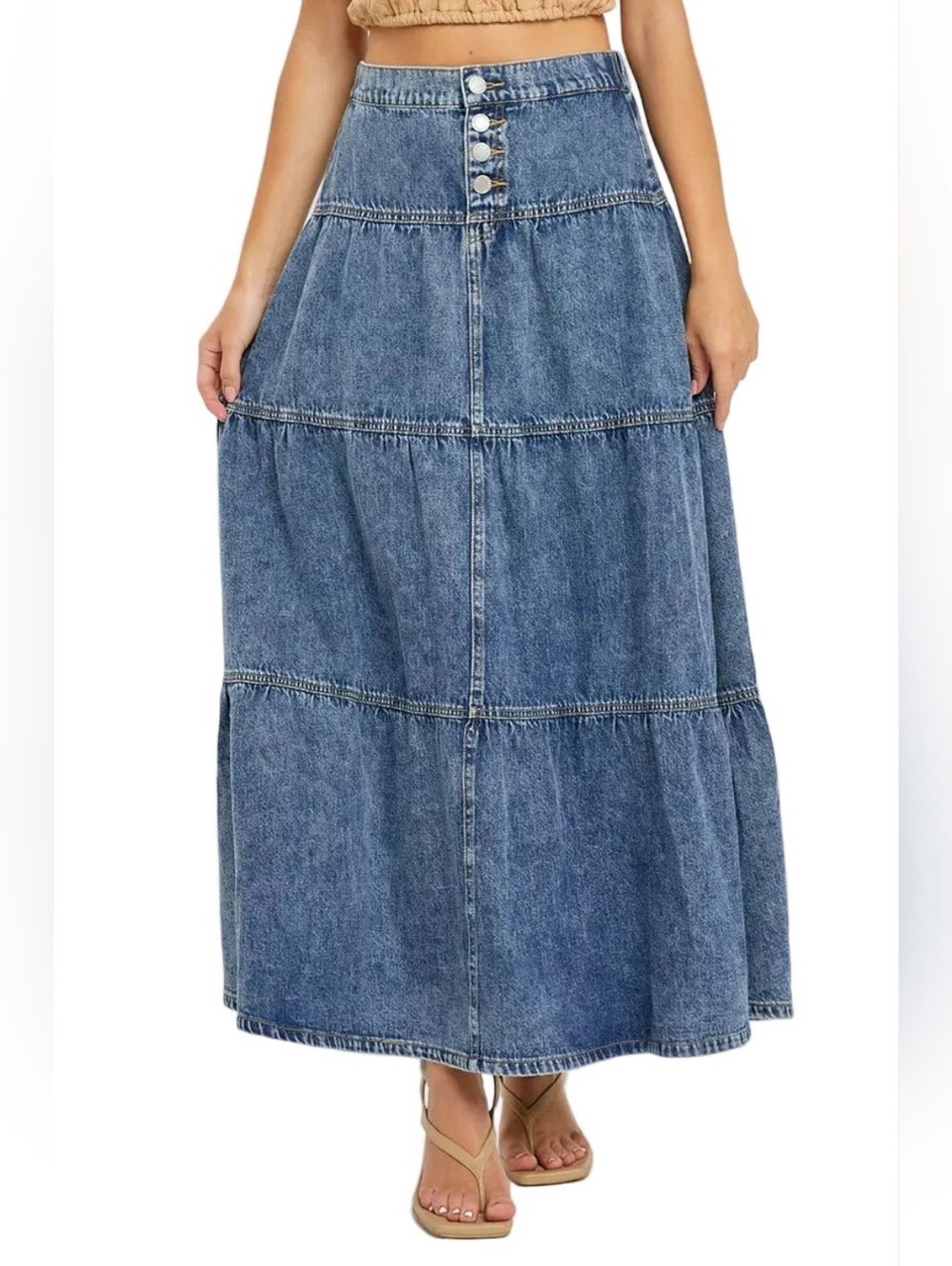 Risen High-Rise Button Elastic Waist Tiered Ruffle Cotton Denim Maxi Jean Skirt - Picture 6 of 14